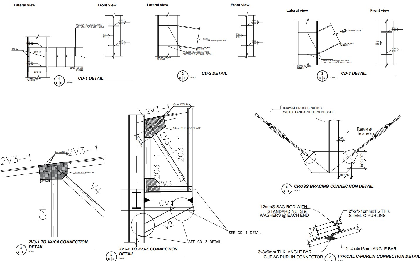 Steel connection details including cross bracing and purlin connections, Tarlac cockpit arena