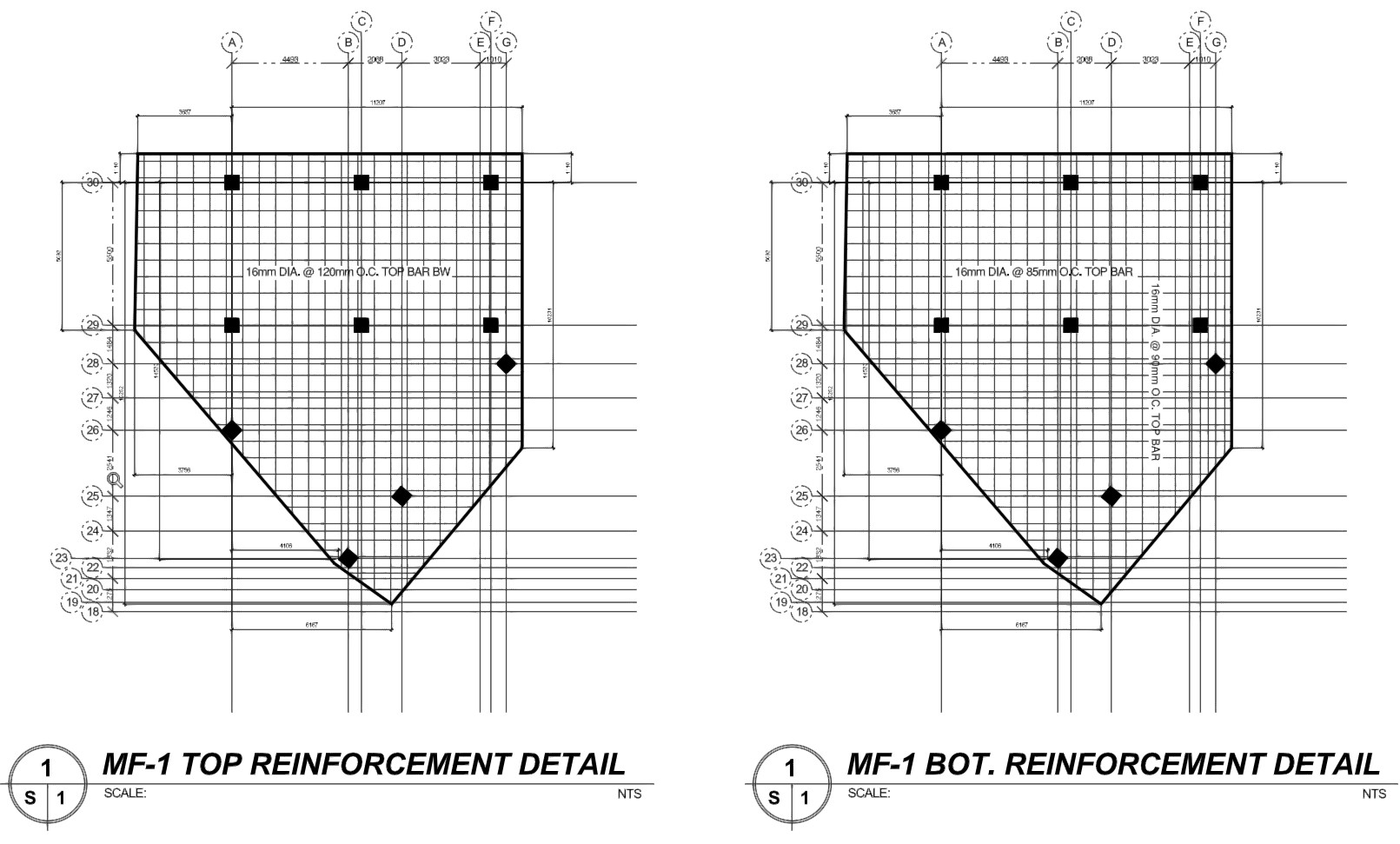 Mat foundation MF-1 top and bottom reinforcement details, 5-storey parking building