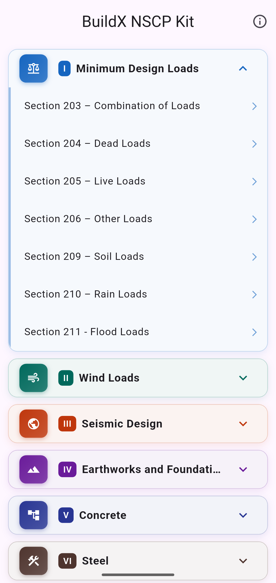 BuildX NSCP Kit app showing structural design sections — AEDO Construction engineering app Philippines