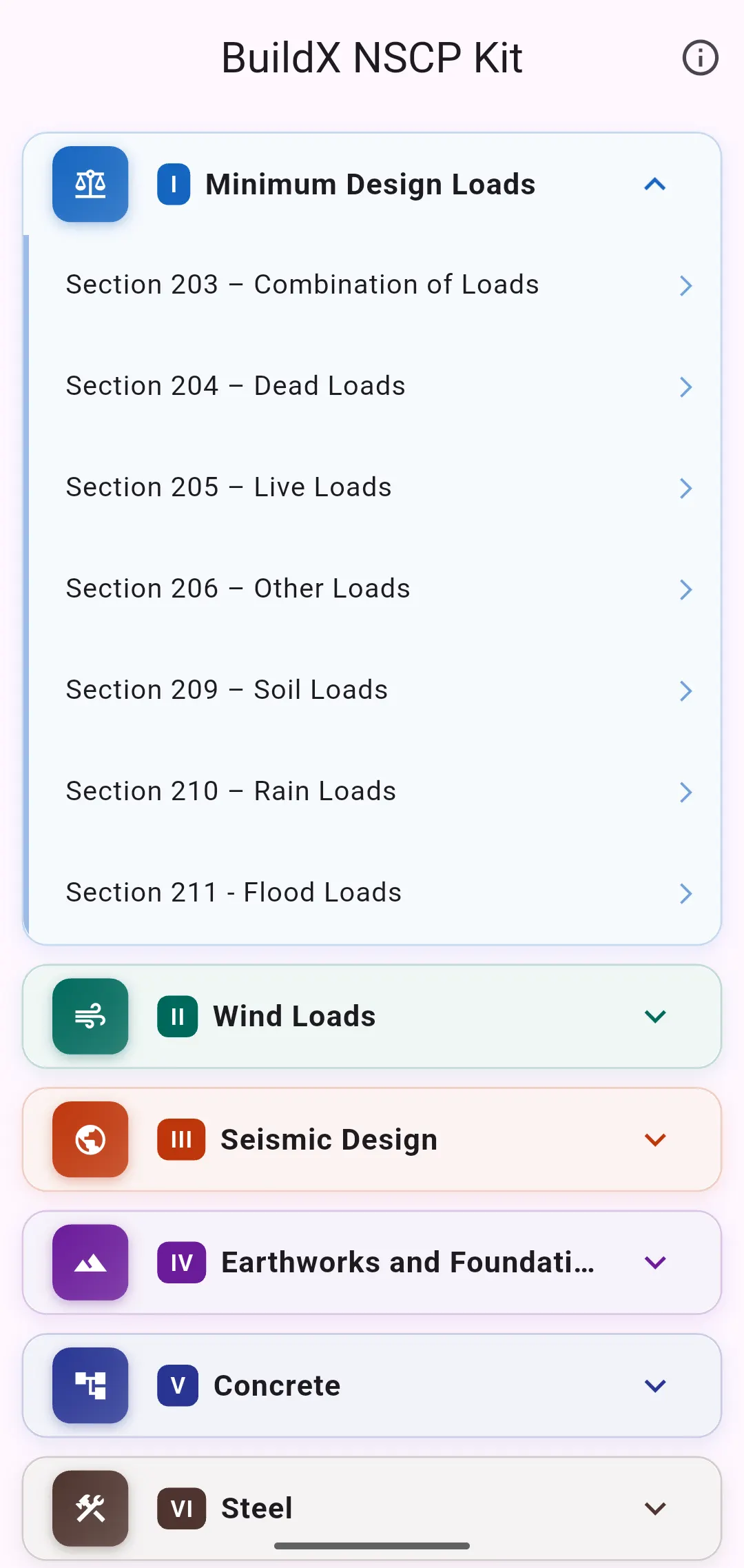 BuildX NSCP Kit app showing structural design sections — AEDO Construction engineering app Philippines