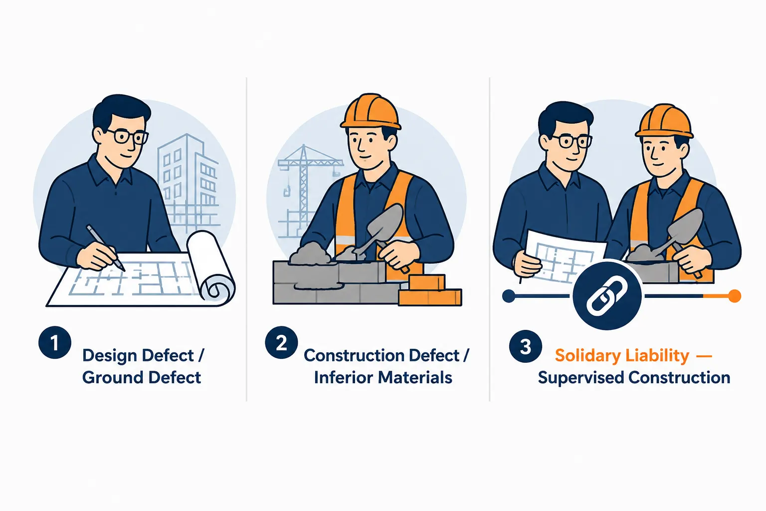 Diagram showing three Article 1723 liability triggers: design or ground defect for the designer, construction defect or inferior materials for the contractor, and solidary liability when the designer also supervises construction
