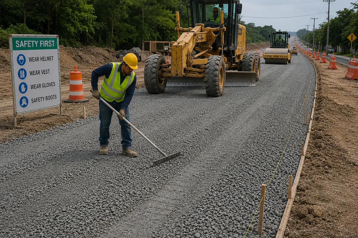 Road base being laid and compacted on a site development project