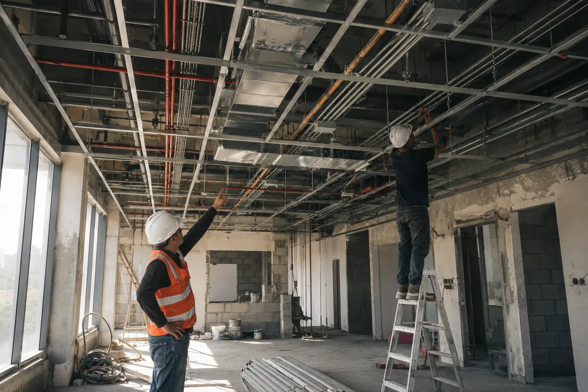 Ceiling services being installed above a suspended ceiling during a fit-out