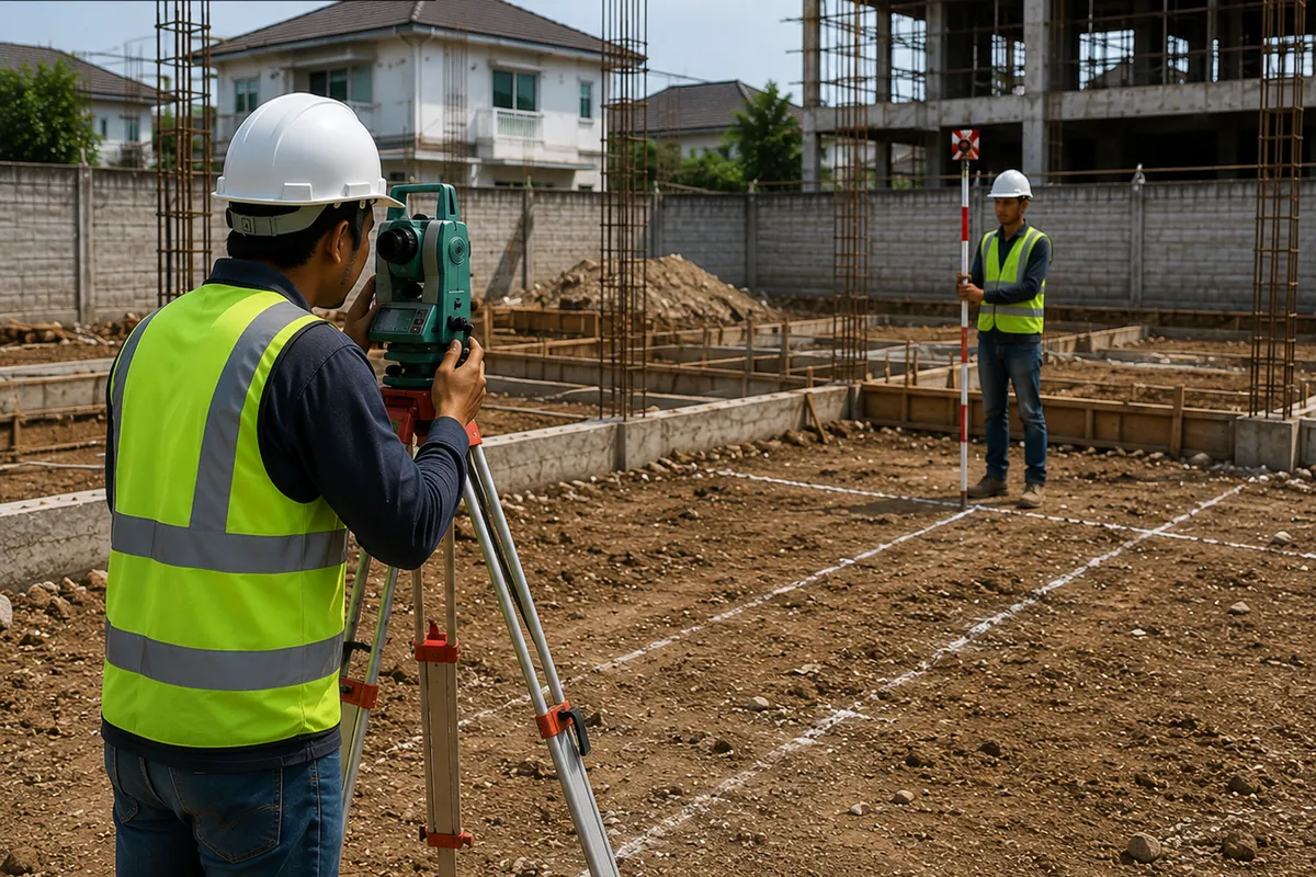 Surveyor setting out a lot with a total station