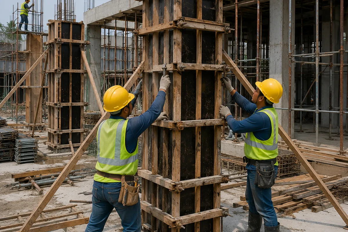 Column formworks and reinforcement being set up on a house construction site