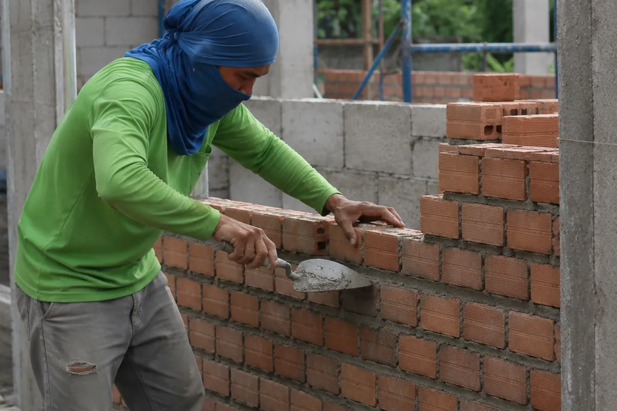 Masons laying concrete hollow blocks for a wall