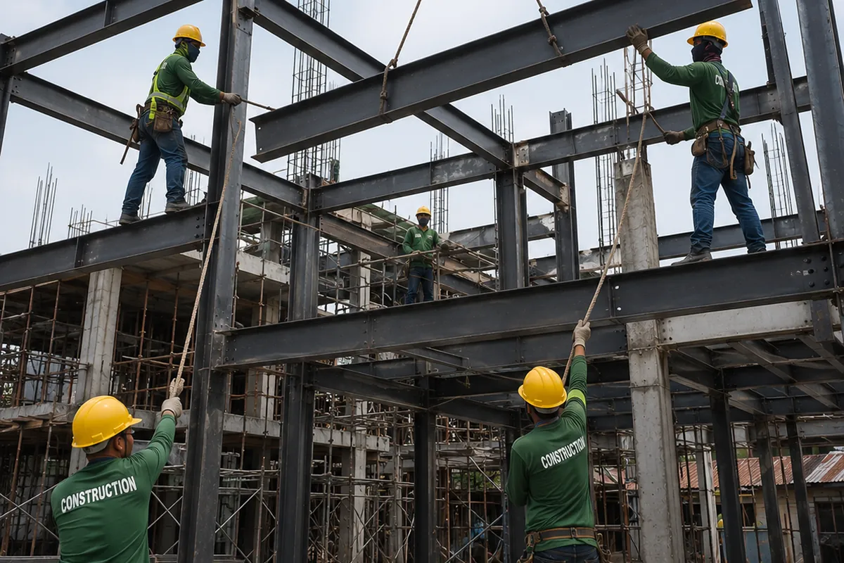 Steel frame being erected for a building
