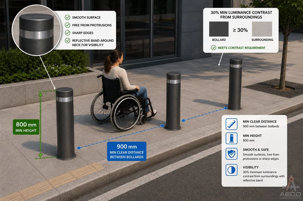BP344 accessibility standards Philippines — accessible route with bollards and wheelchair user