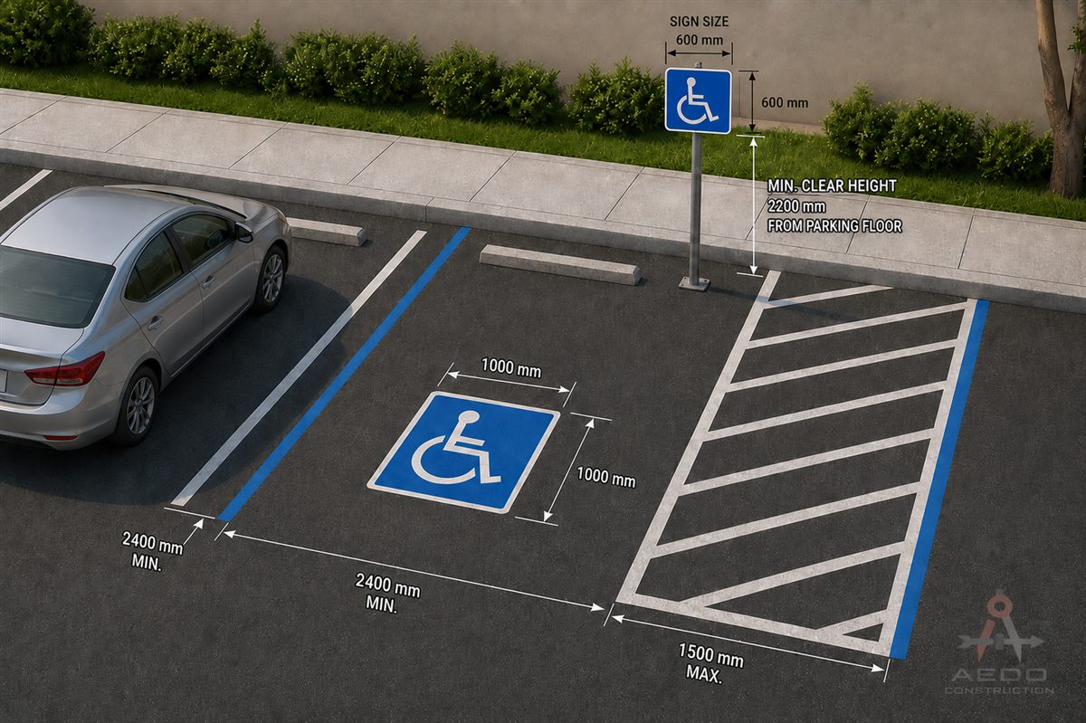 BP344 accessible PWD parking requirements Philippines — 4,000×5,000mm slot, ratio table, signage per 2024 Revised IRR