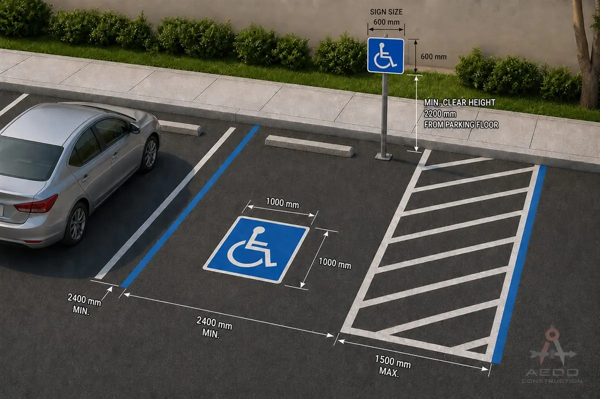 BP344 accessible PWD parking requirements Philippines — 4,000×5,000mm slot, ratio table, signage per 2024 Revised IRR
