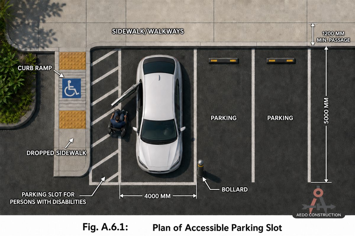 BP344 Fig. A.6.1 — plan view of accessible parking slot showing 4,000mm width, 5,000mm length, and 1,200mm access aisle dimensions