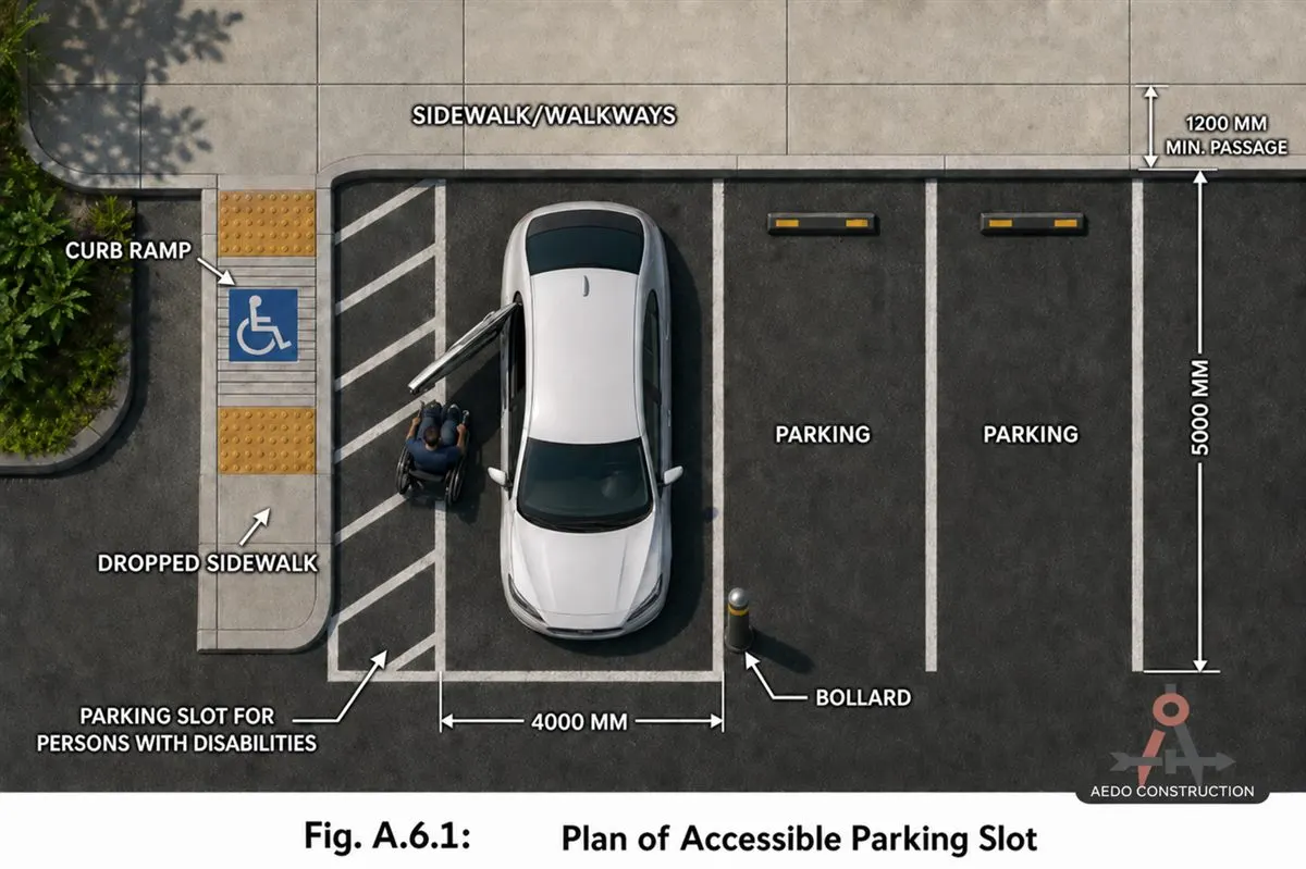BP344 Fig. A.6.1 — plan view of accessible parking slot showing 4,000mm width, 5,000mm length, and 1,200mm access aisle dimensions