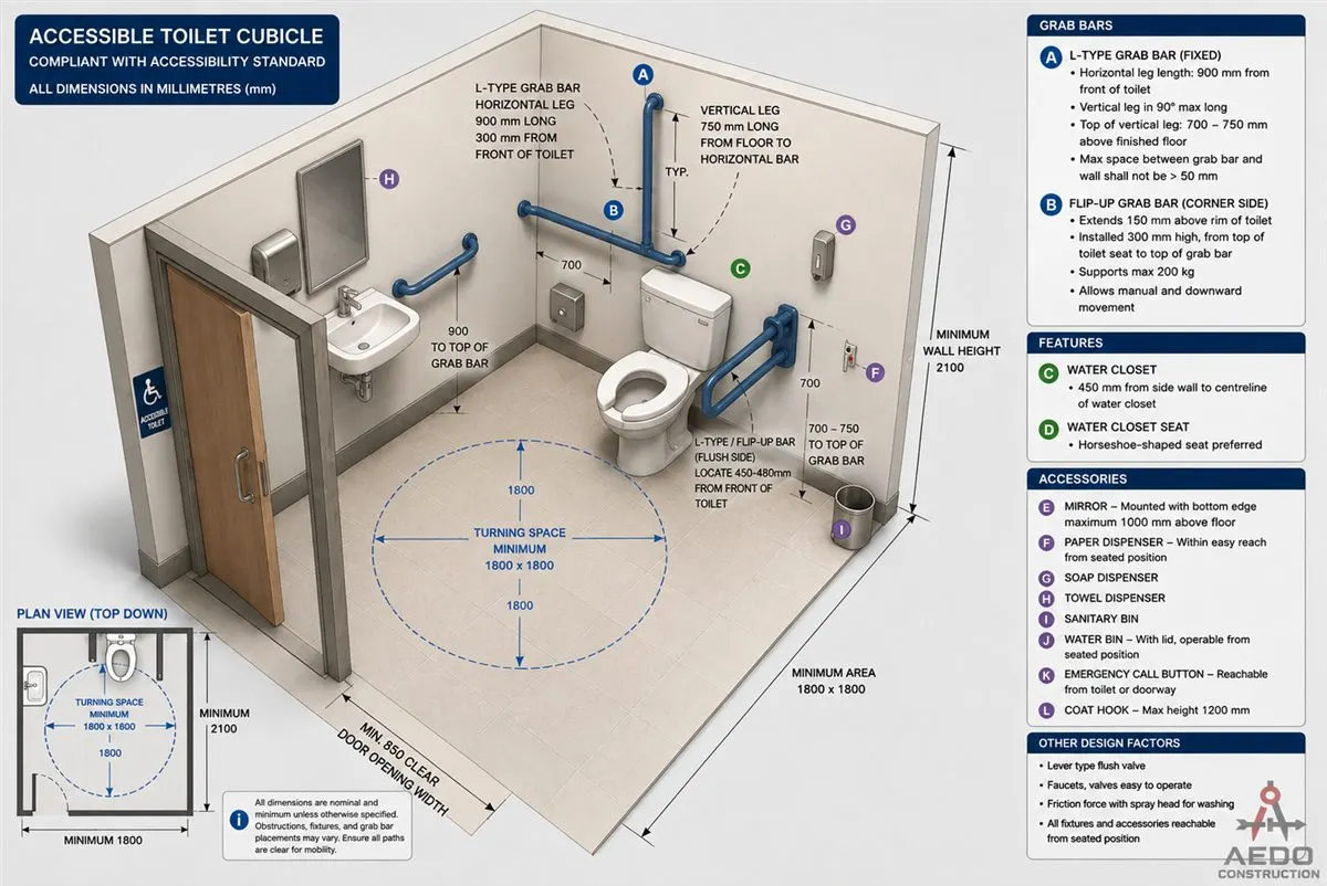 BP344 accessible PWD toilet cubicle 3D view, showing the 1,800mm turning circle, grab bars, and roll-under lavatory