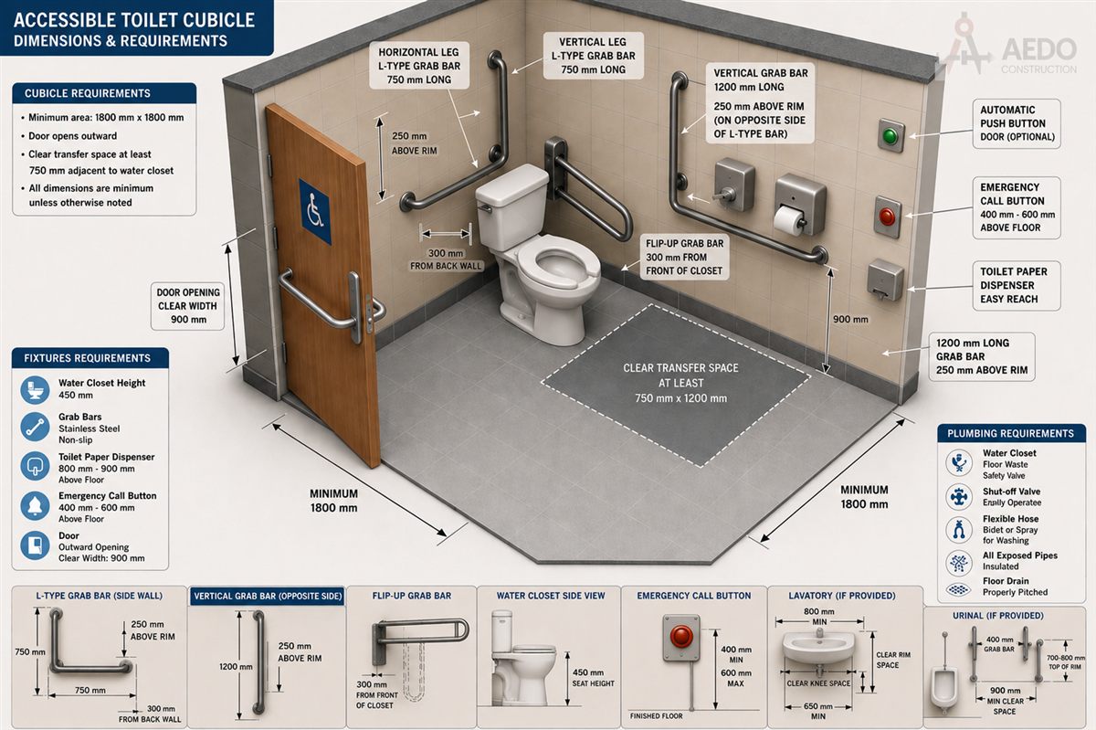 BP344 accessible toilet dimensions diagram — cubicle size, door clearance, water closet and grab bar heights