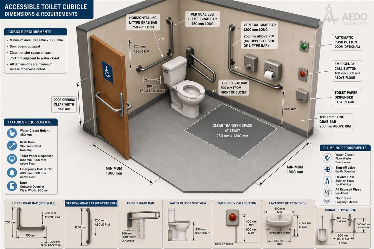 BP344 accessible toilet dimensions diagram — cubicle size, door clearance, water closet and grab bar heights