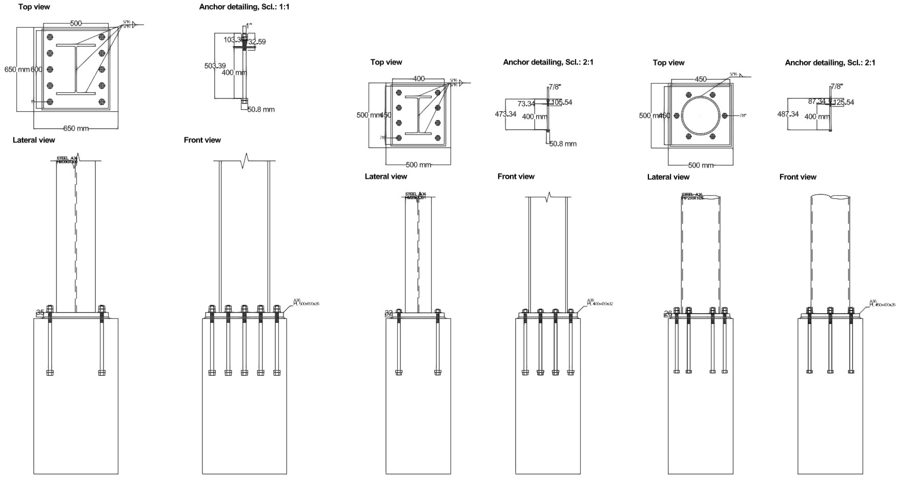 Steel column base plate and anchor bolt details, Coca-Cola factory structural drawings
