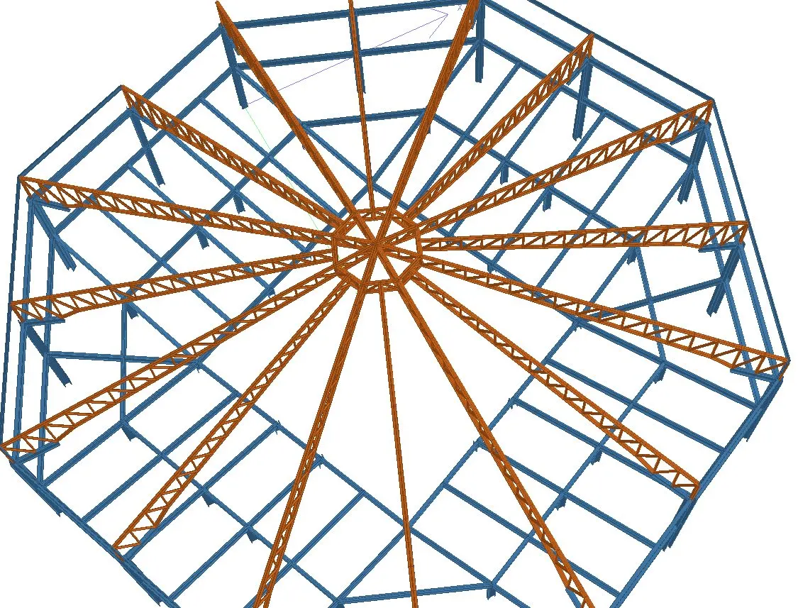 Cockpit Arena Building — 3D structural model, column-free steel roof