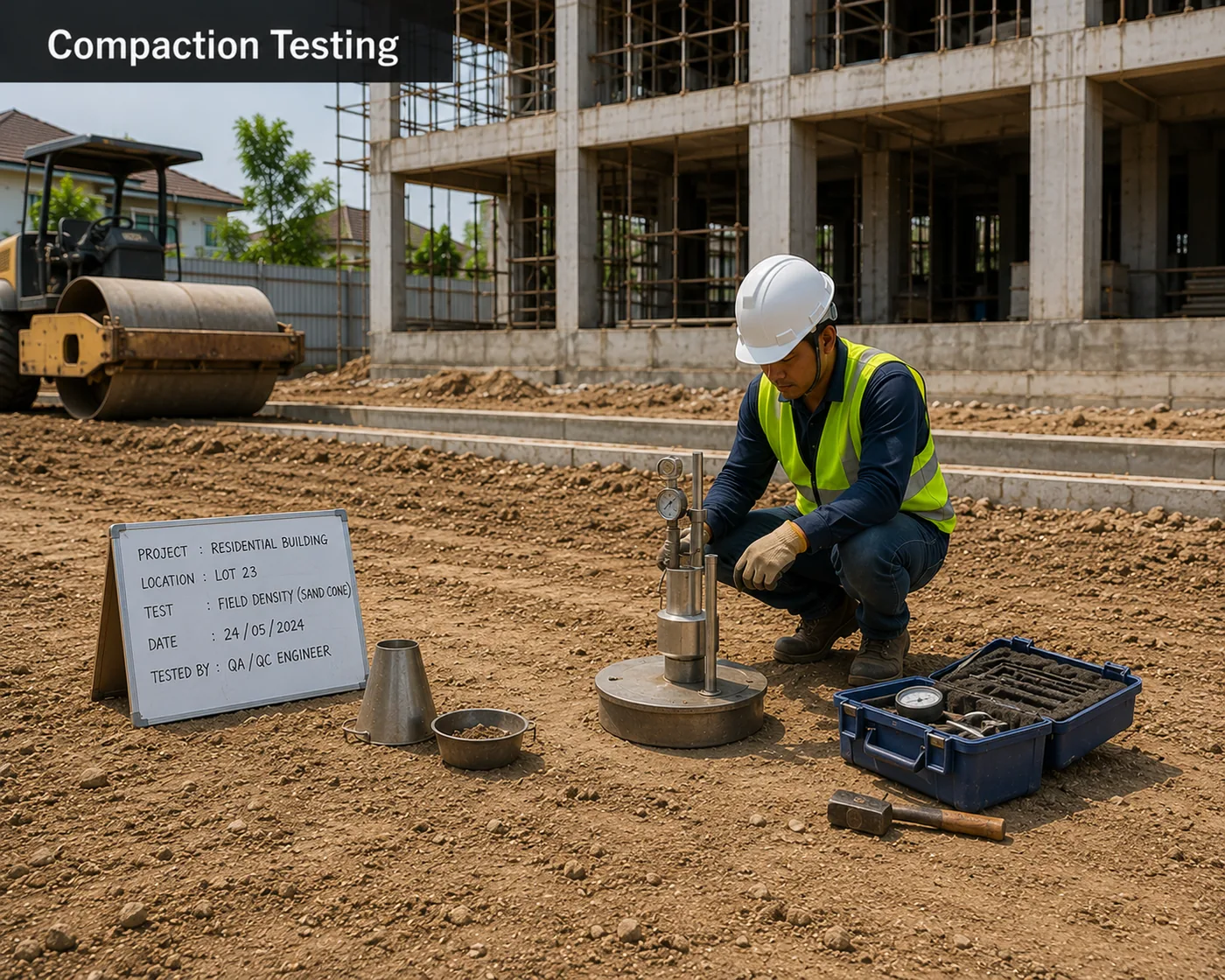 Field density test on compacted fill beside a roller on a Philippine residential site