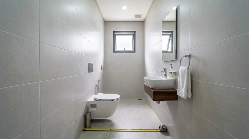 Narrow tiled Philippine comfort room with a wall-hung water closet, small lavatory and a tape measure across the floor
