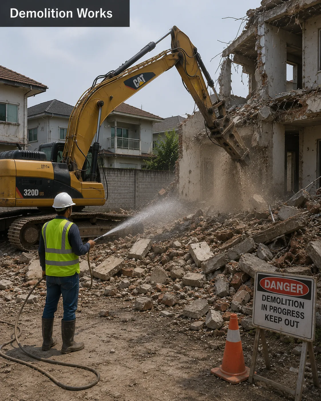 Excavator demolishing a reinforced concrete building in the Philippines while a worker damps down the dust