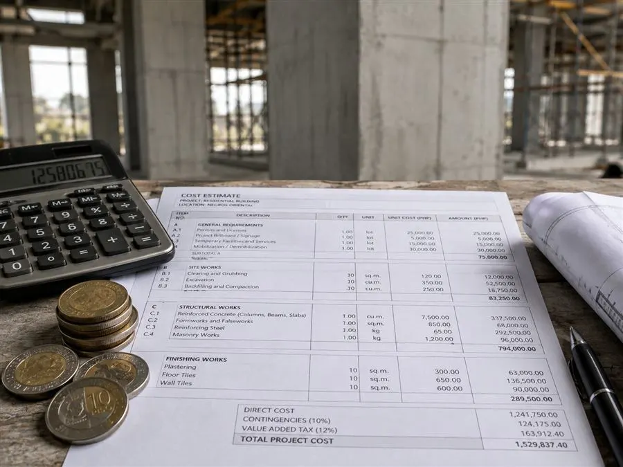 Detailed construction cost estimate on site table