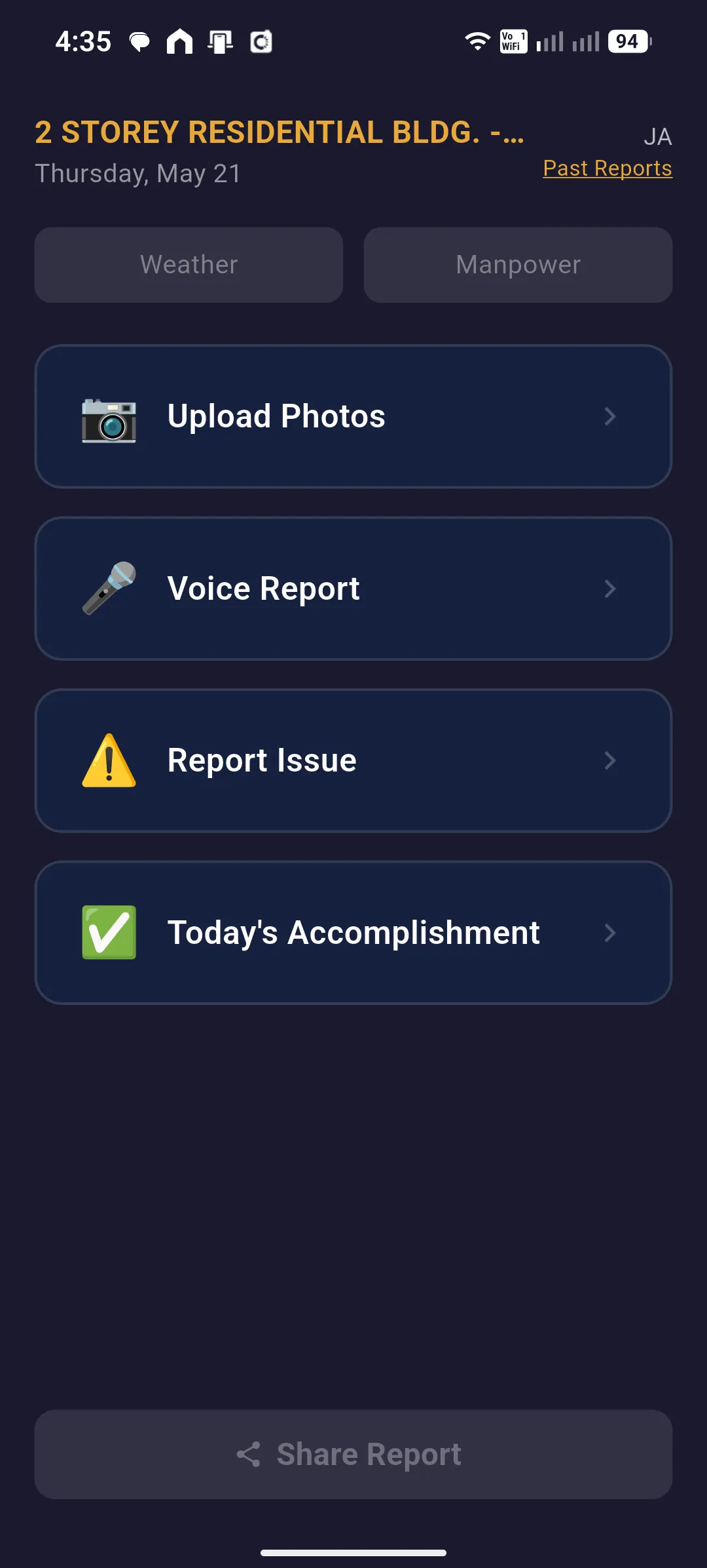 BuildX Field Report home screen with Upload Photos, Voice Report, Report Issue, and Today's Accomplishment buttons