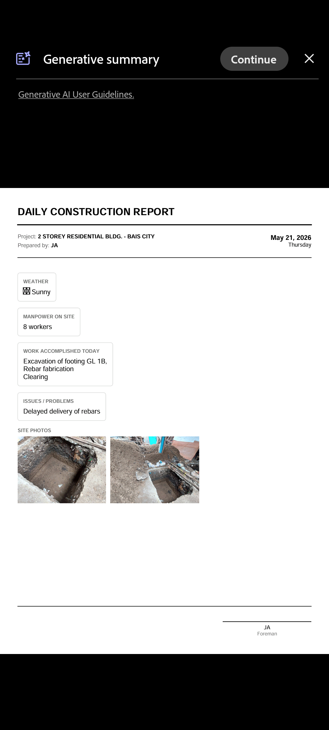 Generated BuildX Field Report daily construction report PDF, showing weather, manpower, work accomplished, issues, and site photos