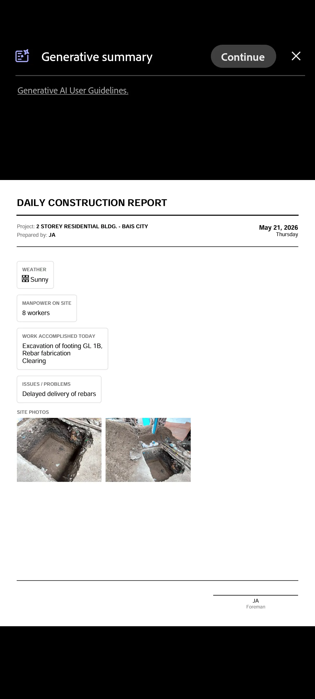 Generated BuildX Field Report daily construction report PDF, showing weather, manpower, work accomplished, issues, and site photos