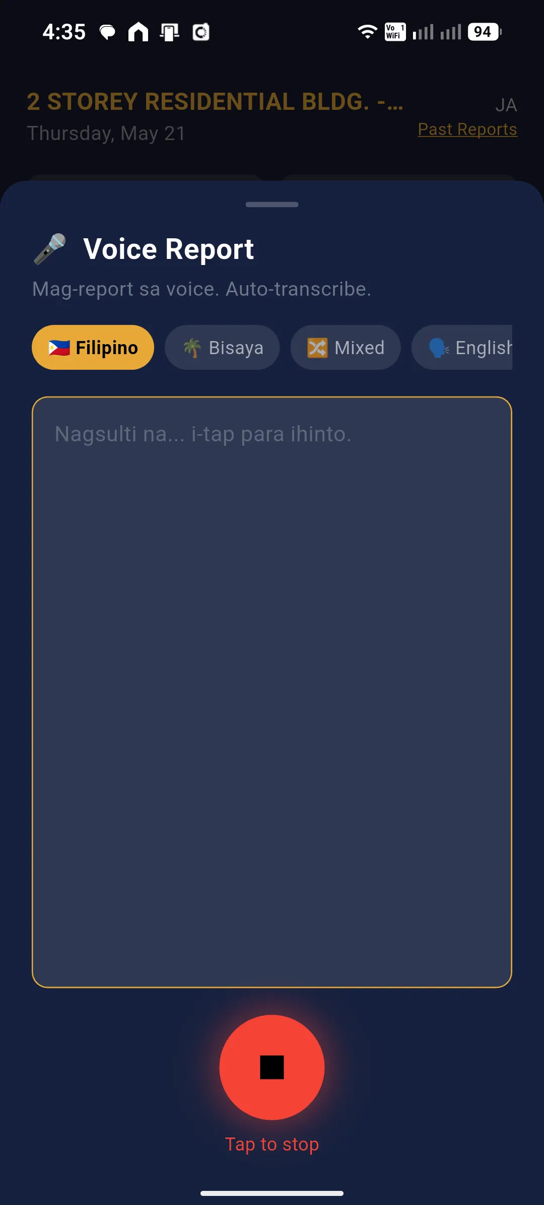 BuildX Field Report voice recording screen with Filipino, Bisaya, Mixed, and English language options