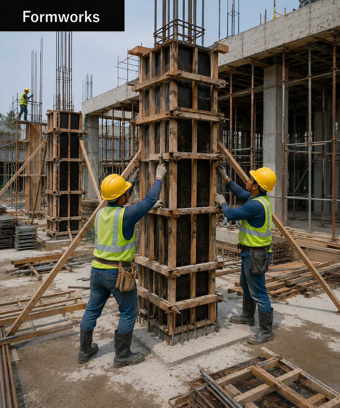 AEDO Construction crew installing column formwork over a tied rebar cage on site — the confinement detailing that gives a structural system its ductility and R value