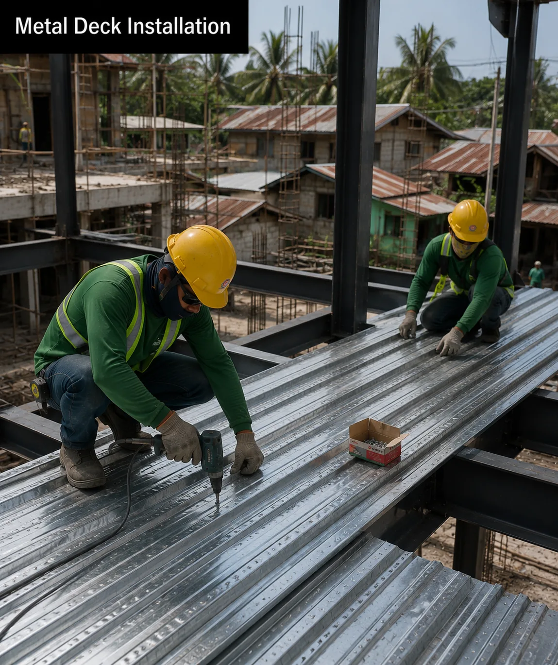 Workers fixing metal decking onto a structural steel frame for an elevated floor