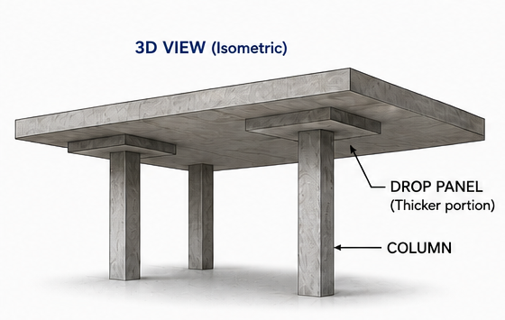Isometric diagram of a two-way flat slab showing a drop panel as a thickened square zone around each column, with the column and slab labeled