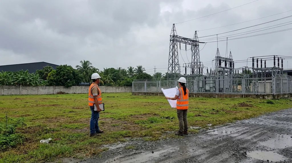 Two Filipino site engineers, a man and a woman, in hard hats and reflective vests standing on a flat, grassy industrial lot holding a tablet and a site plan, with a fenced electrical substation and steel transmission towers behind them under a cloudy sky