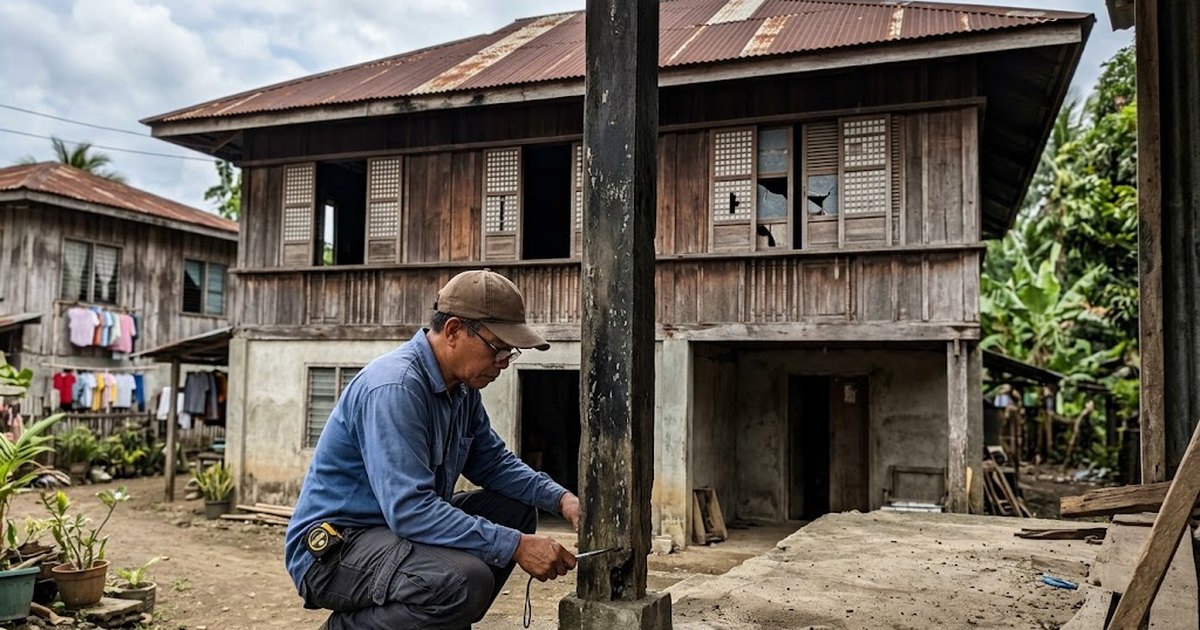 Weathered two-storey Filipino ancestral house with capiz windows and a corrugated roof, a Filipino engineer inspecting a wooden post at the ground floor