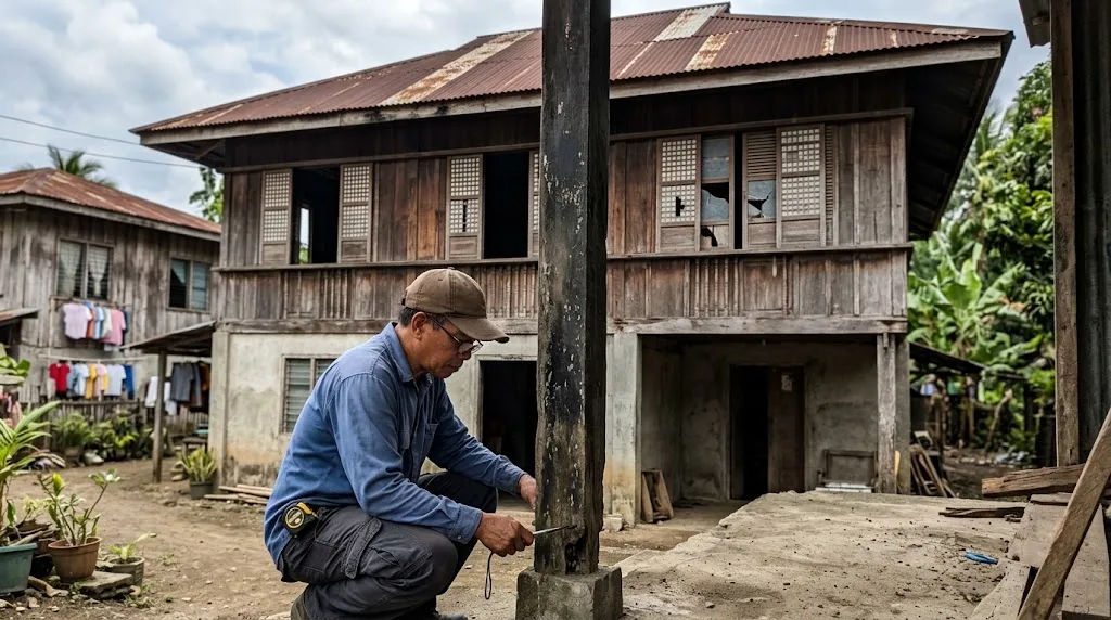 Weathered two-storey Filipino ancestral house with capiz windows and a corrugated roof, a Filipino engineer inspecting a wooden post at the ground floor