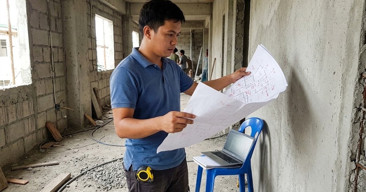 Engineer comparing a printed floor plan against a finished wall on site