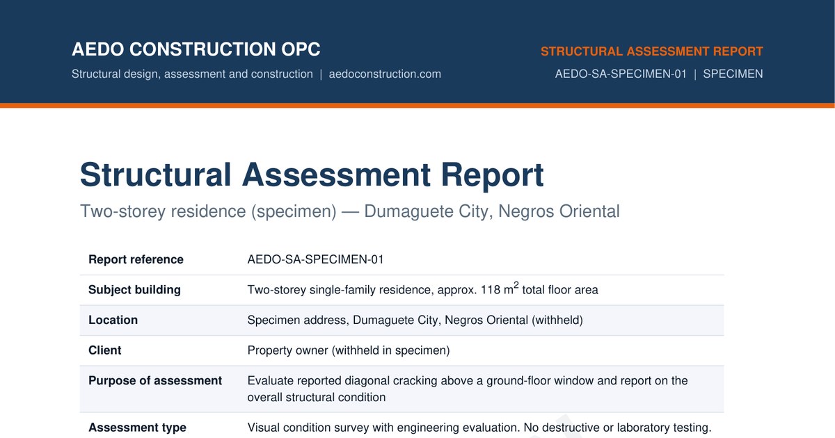 First page of the AEDO specimen structural assessment report