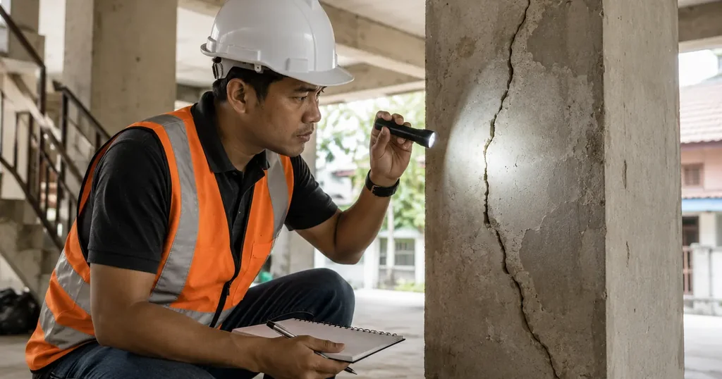 Civil engineer with a flashlight examining a vertical crack on a concrete column, notebook in hand
