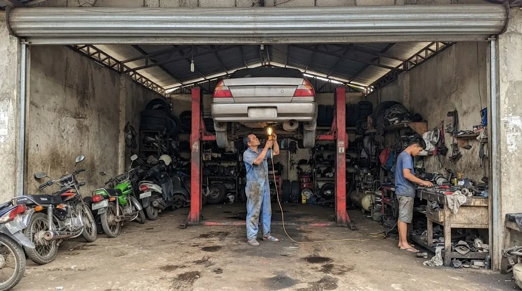 Mechanics working on a car on a lift in a Philippine repair shop