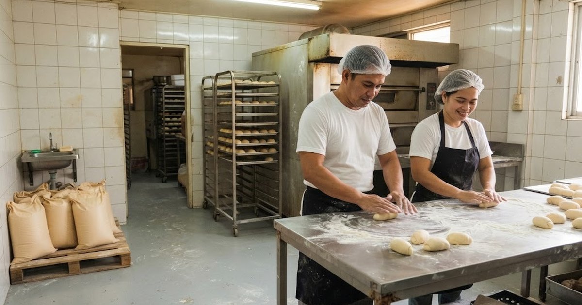 Bakers shaping pandesal dough in a small bakery production room