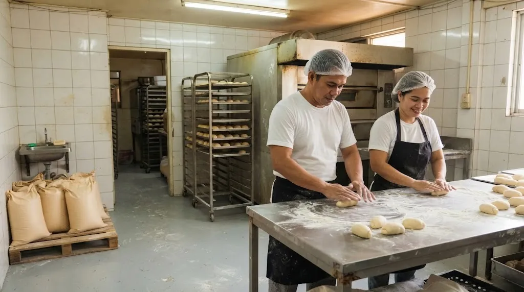 Bakers working in a small Philippine bakery production room