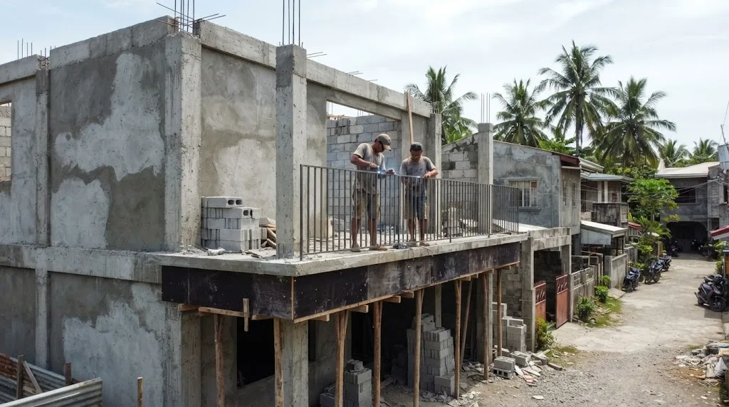 Two workers standing on a newly cast concrete balcony slab behind a plain steel railing on an unfinished two-storey concrete house in the Philippines, with the plywood formwork and wooden props still under the slab, coconut trees behind and motorbikes parked along the street