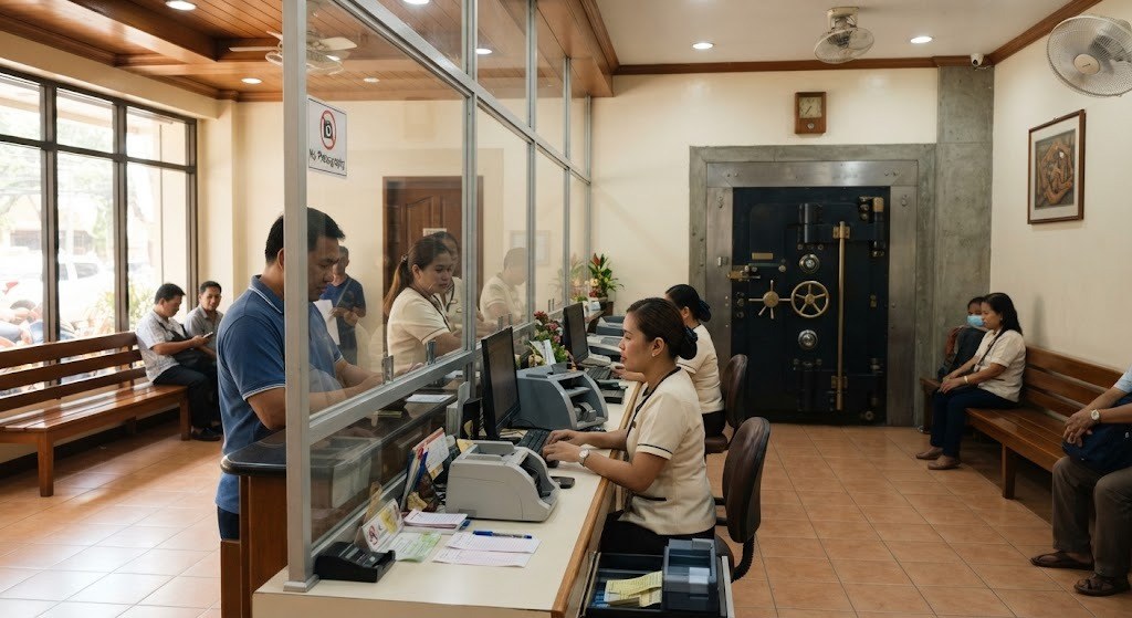 Interior of a bank branch with a teller counter and a heavy steel vault door