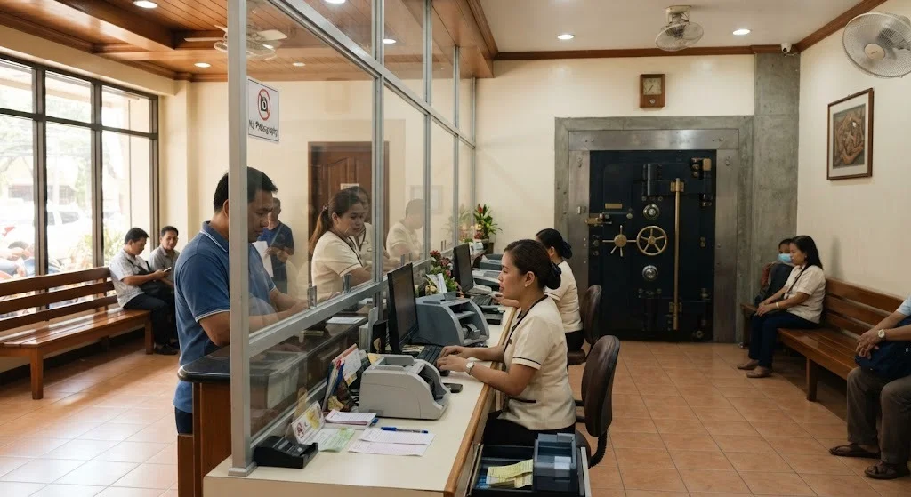 Interior of a bank branch with a teller counter and a heavy steel vault door in the back wall