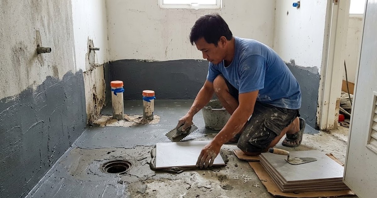 Tile setter laying floor tiles in a bathroom being renovated, with the waterproofing coat visible on the walls