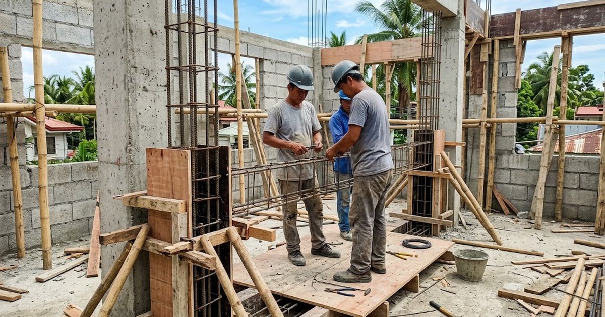 Filipino workers assembling beam rebar cages and formwork on the second floor of a concrete house under construction