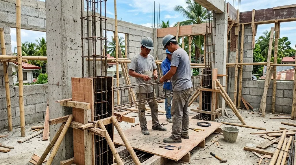 Filipino workers assembling beam rebar cages and formwork on the second floor of a concrete house under construction