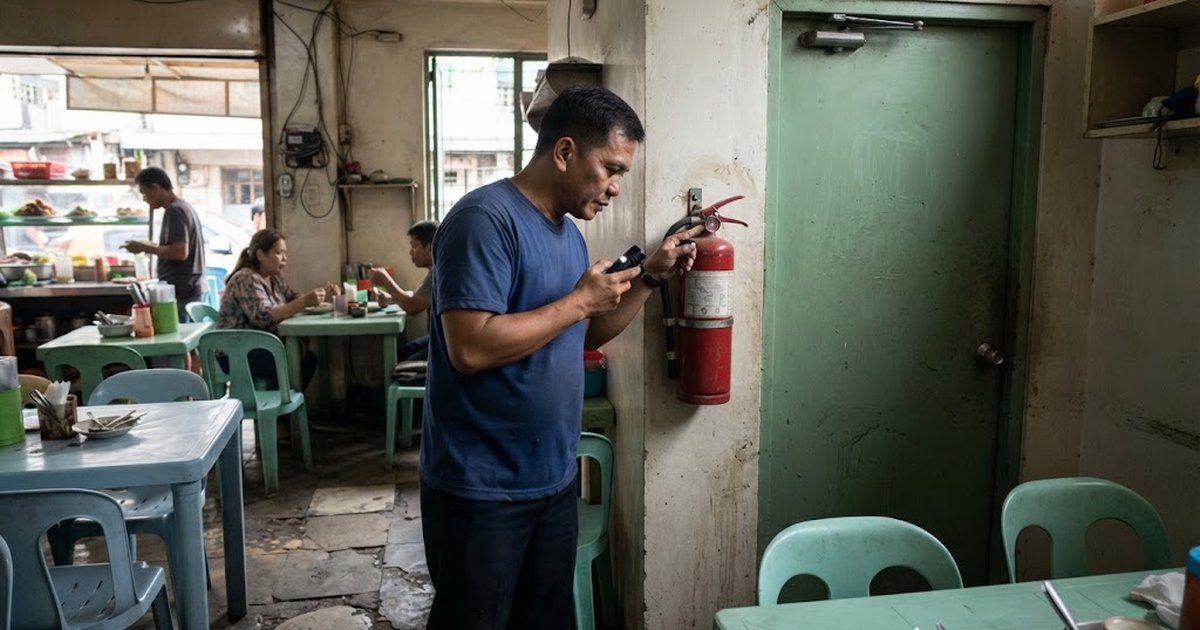 Fire safety inspector checking a red fire extinguisher beside an emergency exit door in a small Philippine restaurant