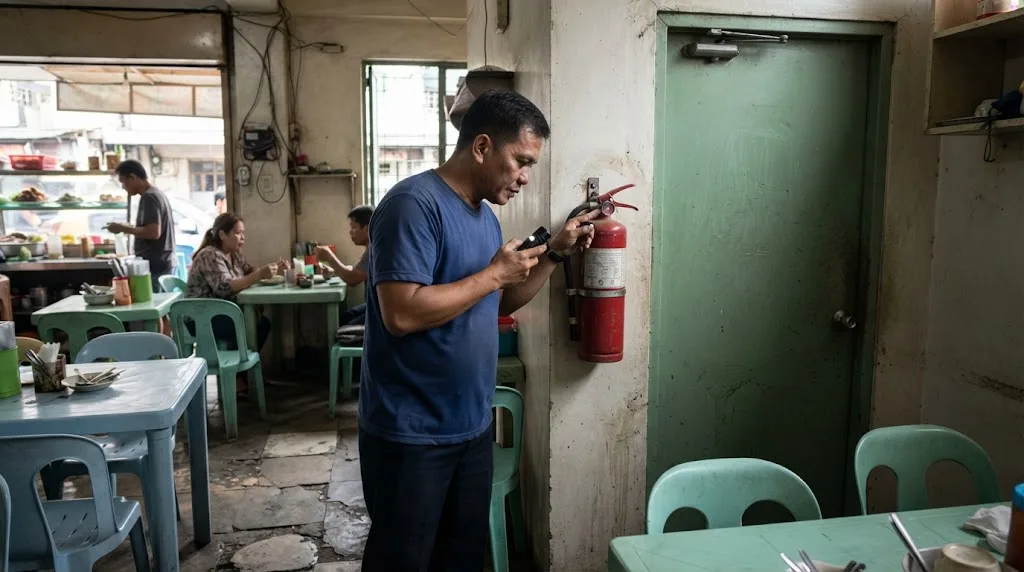 Fire safety inspector checking a red fire extinguisher beside an emergency exit door in a small Philippine restaurant
