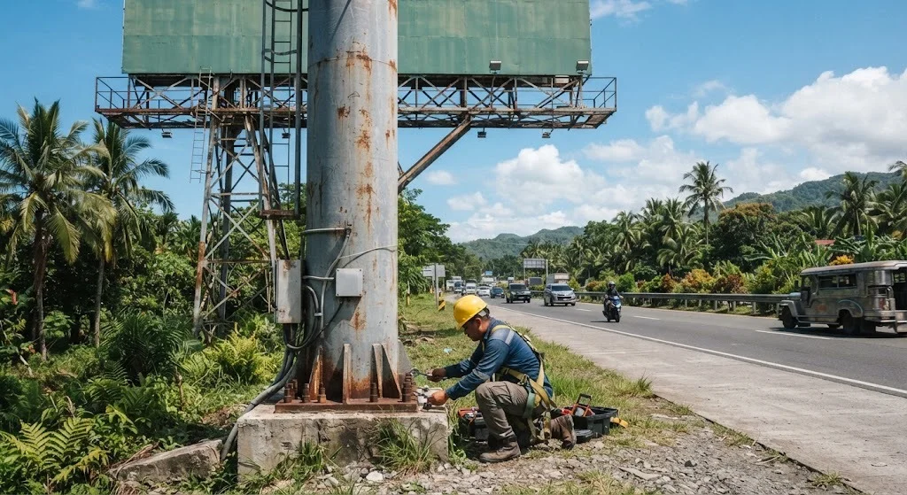 Large freestanding steel-frame billboard structure beside a Philippine highway with a technician inspecting the pole base